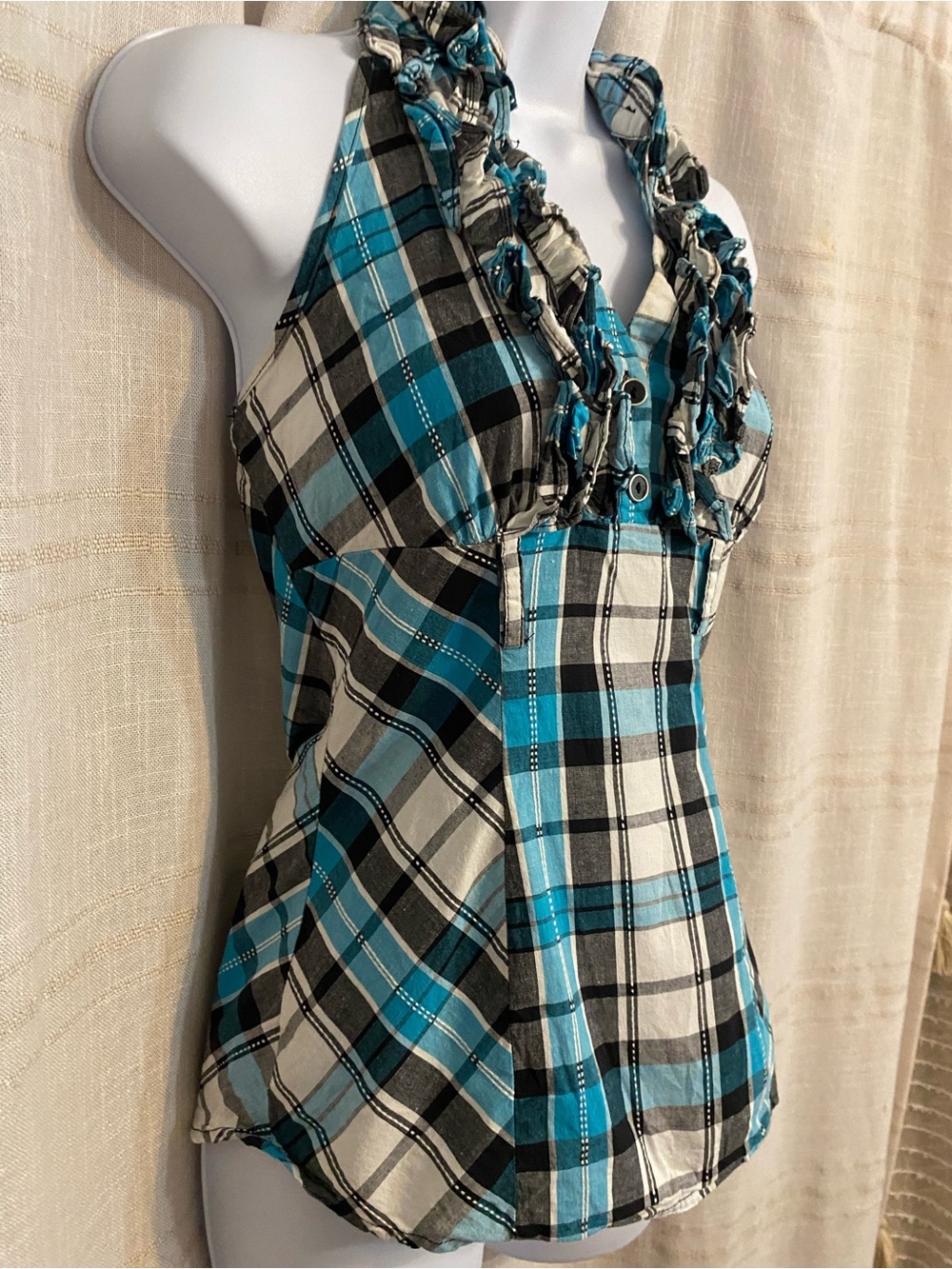 HeartSoul Y2K Plaid Ruffle Halter Top Blue Black White Small